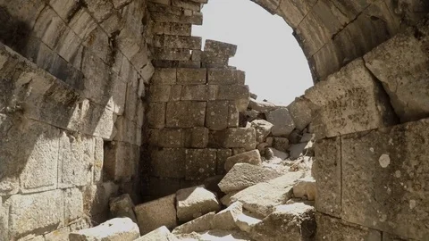 Pov Man Goes Out of Inside Corridor in Antique Ruinous Roman Theatre Sagalassos Stock Footage 75327148