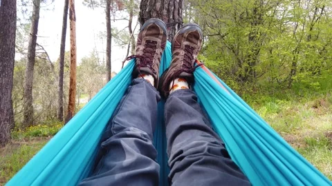 Pov of man lying in hammock in forest Stock Footage 153260056