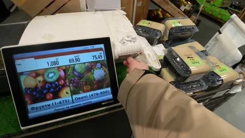 Pov man put bananas on scale and take price tag Stock Footage 238737682