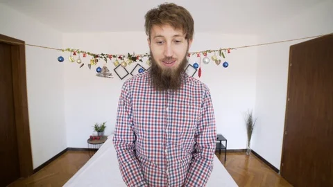 POV man receiving present and getting confuse in authentic room. Stock Footage 102655828