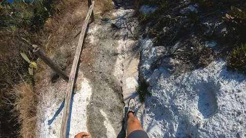 POV man walking down the stone stair path to amazing bay on Ponza Island coast Vídeo Stock 123536188