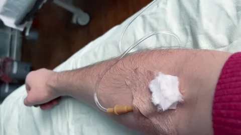 POV of a man's arm with an IV needle in the median cubital vein. Wide angle view Stock Footage 257689216