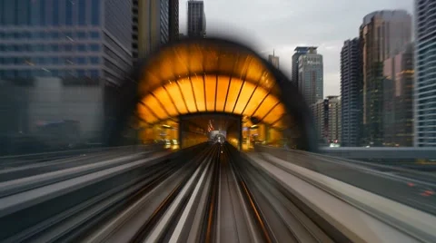 POV - The Modern Dubai Elevated Rail Metro System, Sheikh Zayed Rd, UAE Stock Footage