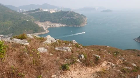 POV move down slope from island mountain, high angle view of sand path run down Video stock 57320724