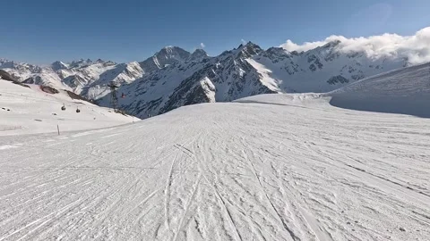 Pov Movement Skiing On Empty Ski Slope Track In Snow Mountains In Winter Stock Footage 269316702