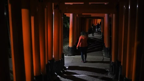 Pov night walking through torii gates at Fushimi Inari temple, Kyoto Japan Stock Footage 124497659
