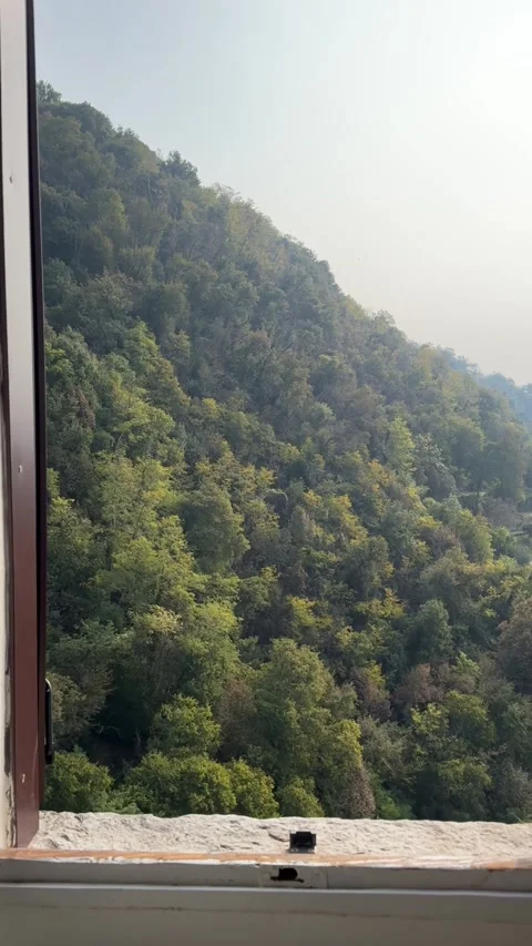 POV Opening Window With Stunning Lake Como View Mountains Sunny Morning Stock Footage 320174963