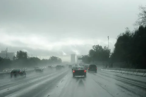 Pov our windshield of freeway raining on  LA 405 Freeway Stock Photos
