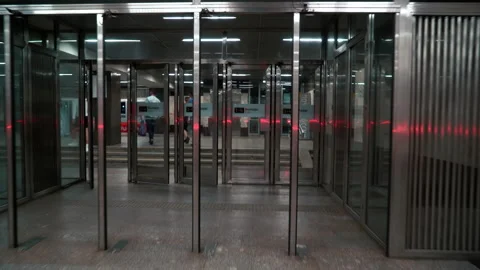 POV Passengers pass through automatic turnstiles at the Moscow metro station Stock Footage 212137929