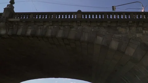 POV Passing on boat in Vltava river under a historical bridge in the Prague Stock Footage