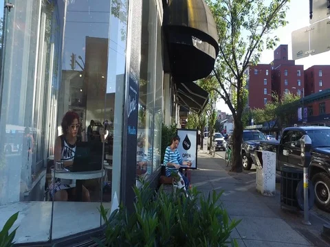 Pov people working at unique corner coffee shop Stock Footage 80039751