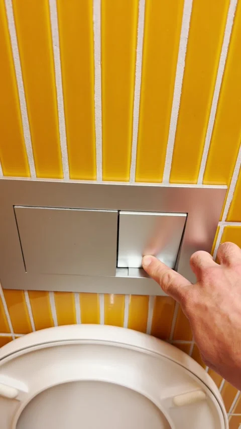 POV person pressing button to flush toilet water tank after use. Clean hygiene Stock Footage 337151654