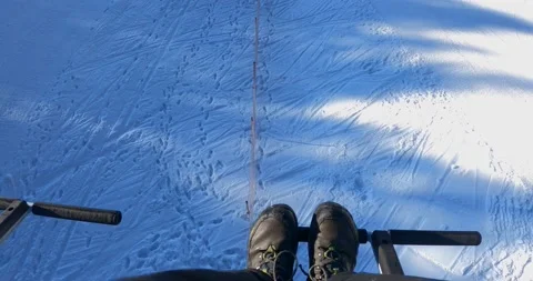 POV point of view riding with ski elevator in winter resort Krvavec, Slovenia Stock Footage 147591830