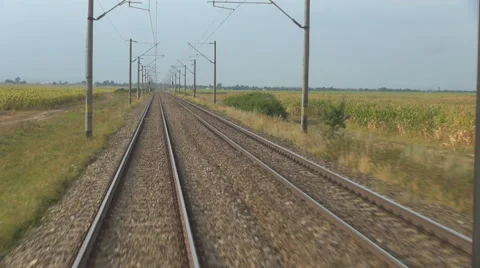 POV Point of view train pass countryside plane field sunny day landscape railway Stock Footage