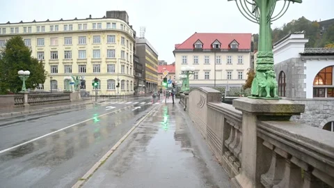 POV point of view walking over Dragon Bridge in Ljubljana city, Slovenia Stock Footage 141546648