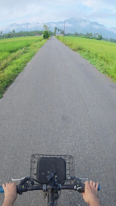 POV Riding Bicycle on Rural Road Towards Mountains Stock Footage 333310341