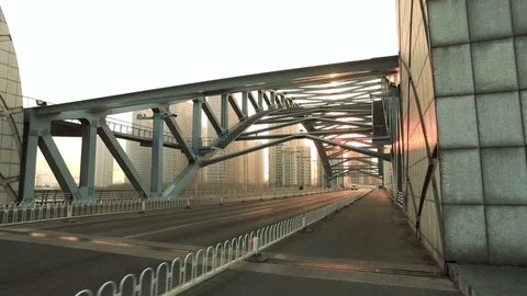 POV Runner running thru the bridge at sunset exercising outdoors. Steadicam Video stock 73223839