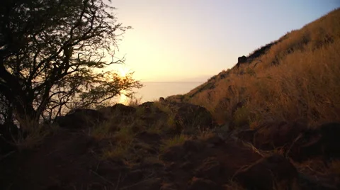 POV Running on Sunset Hiking Trail Stock Footage 59043348