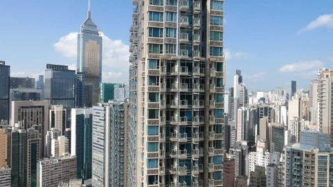 POV scenic elevator view to Hong Kong skyline skyscraper highrise building China Stock Footage 91485748