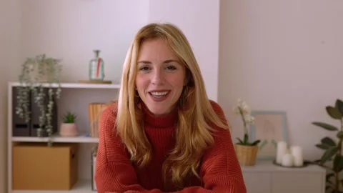 POV screen laptop view of young pretty woman talking on video call at home Stock Footage 264126490
