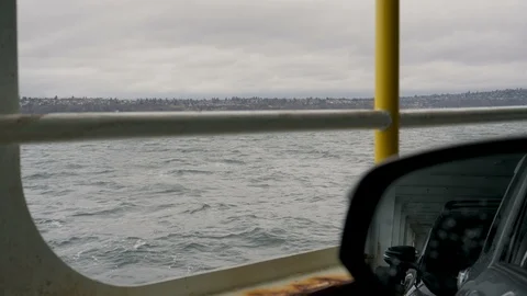 POV-Seattle ferry from auto deck with rear view mirror Stock Footage 88446368