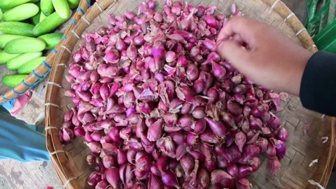 POV Selecting small raw shallots stacked Stock Footage 329713921