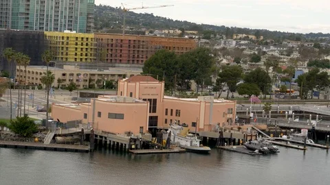 POV from ship passing Los Angles Maritime Museum Video stock 106998321