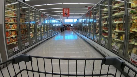 POV from the shopping cart while going past the frozen food freezers Vídeo Stock 122147905