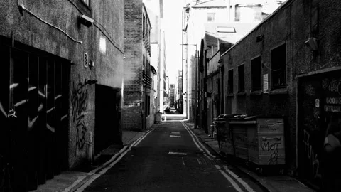 Pov shot of cautiously moving through a city alleyway. Video stock 171831844