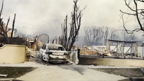 POV shot driving past leveled homes in Pacific Palisades, fire aftermath in LA Stock Footage 302537036