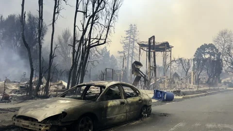 POV shot inside a car driving in a conflagration area in Pacific Palisades, LA Stock Footage 301067735
