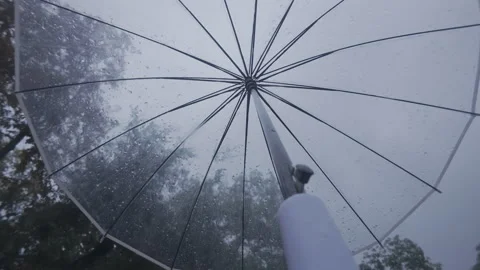 POV shot: Raindrops falling on transparent umbrella dome against background of Stock Footage 339371161