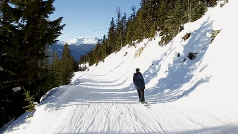 A POV shot of a skier and a snowboarder on a ski run between the trees on Vídeos de archivo 101781753