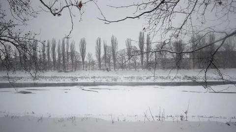 Pov Side View of Walking by Snow-Covered Embankment Alley Walkway. Gimbal Stock Footage 71439483