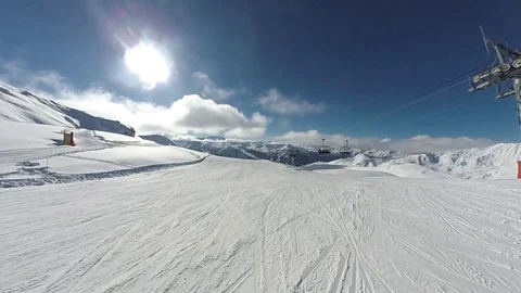 POV skiing or snowboarding in La Plagne, France, French Alps Stock Footage