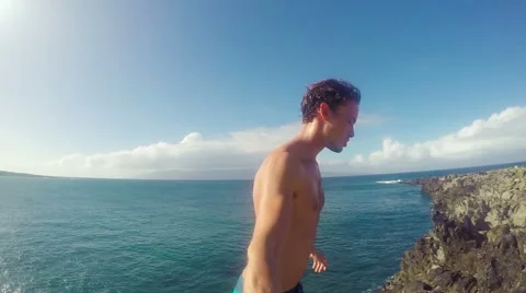 POV Slow Motion Cliff Jumping Backflip. Athletic Young Man Jumping From Cliff Stock Footage 57223580