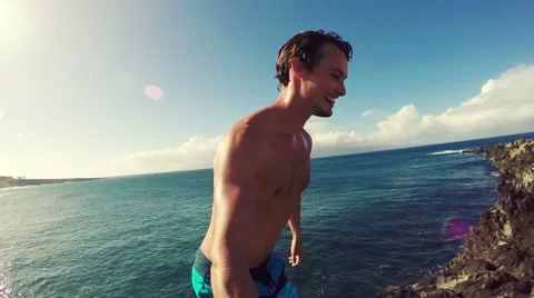 POV Slow Motion Cliff Jumping Backflip. Athletic Young Man Jumping From Cliff 스톡 동영상 57223600