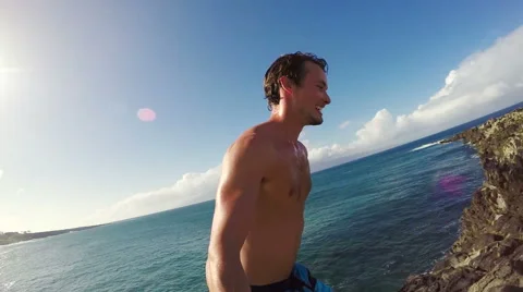 POV Slow Motion Cliff Jumping Backflip. Athletic Young Man Jumping From Cliff Stock Footage 57223624