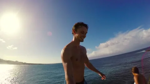 POV Slow Motion Cliff Jumping Backflip. Athletic Young Man Jumping From Cliff Vidéo 57223650