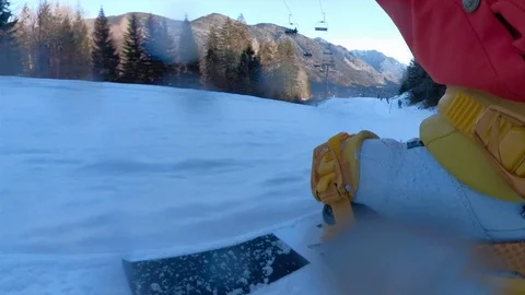 POV Snowboard being ridden down a steep slope Stock-Footage 100718367