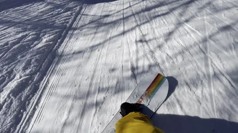 POV of a snowboarder having fun while snowboarding on a ski slope Stock Footage 254021500