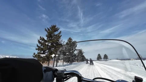 POV snowmobile passing close to tree following riders Hokkaido Stockbeeldmateriaal 333230176