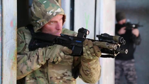 POV of SWAT Trainees with Weapons at Aim Stock Footage 70561291