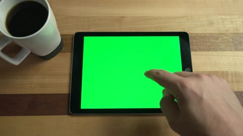 POV Tablet Green Screen with Coffee Cup on Counter. Stock Footage