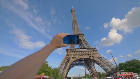 POV on taking picture of Eiffel Tower in Paris in slow motion 180fps Stock Footage 165055889