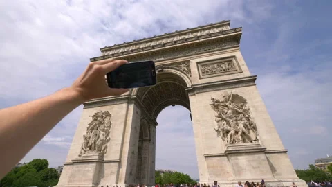 POV on the taking selfie view on Arc de Triomphe Paris in 4k slow motion 60fps Stock Footage 93945052