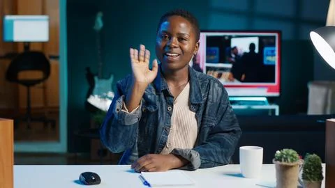 POV of teleworker in remote videoconference telework call receiving feedback Stock Photos