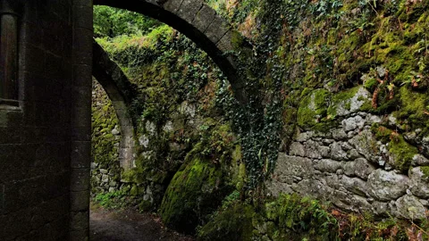Pov through walking through the arches of an old church. Stock Footage 143636046
