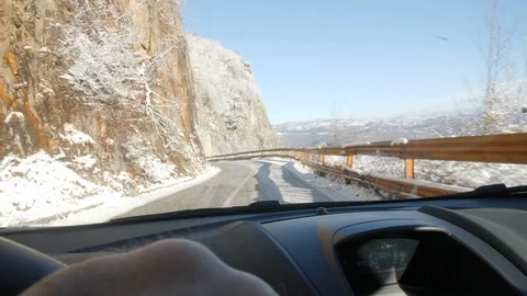 POV Through Windshield Driving Though Highway and Stone Tunnel with Snow Stock Footage 90169241