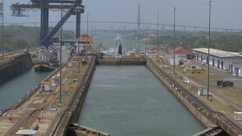 POV-Time Lapse-Pulling into Gatun lock with ship ahead moving to nex Stock Footage 109126474
